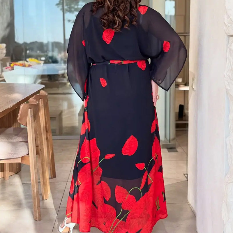 👗 Sukienka z falbankami, okrągłym dekoltem i paskiem 🌸 | Kwiatowy nadruk | Regulowana sylwetka