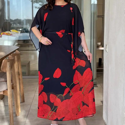 👗 Sukienka z falbankami, okrągłym dekoltem i paskiem 🌸 | Kwiatowy nadruk | Regulowana sylwetka