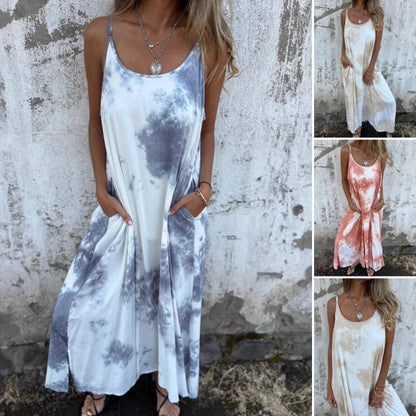 Sukienka damska tie-dye z nadrukiem i gradientem kolorów na ramiączkach typu spaghetti