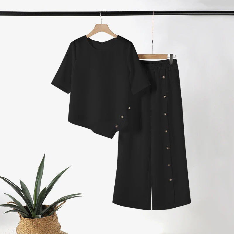 🌿Dwuczęściowy komplet damski: Top o nieregularnym dole i spodnie z szerokimi nogawkami☁️