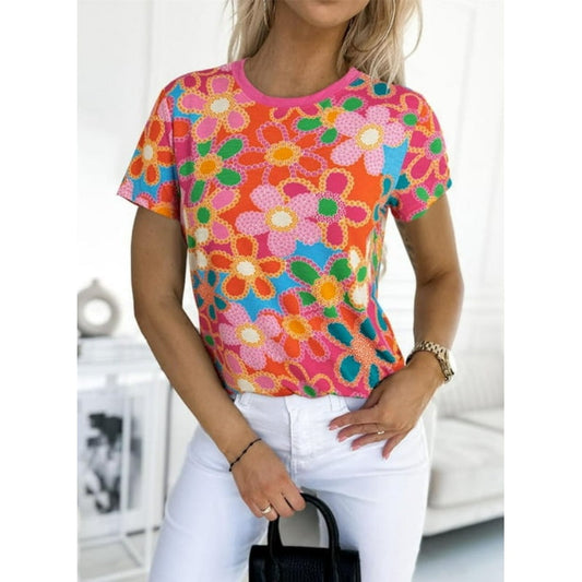 Damska różowa koszulka z kwiatowym nadrukiem