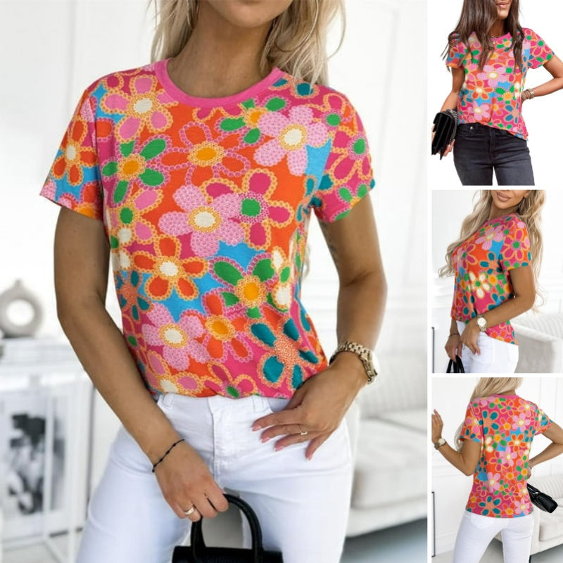 Damska różowa koszulka z kwiatowym nadrukiem