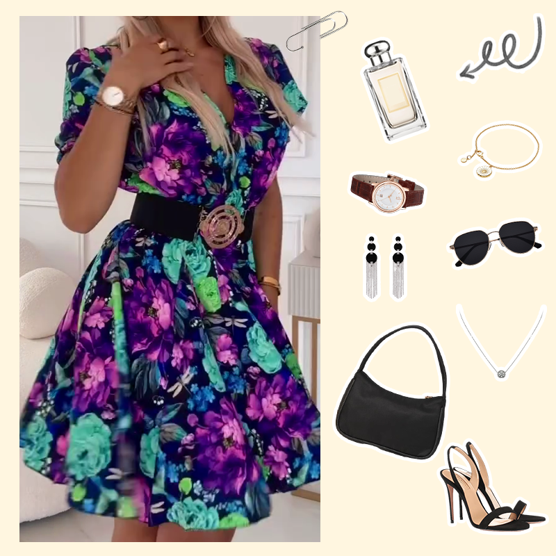 ⏳Ograniczona czasowo zniżka 50%💥✨Damska mini sukienka z dekoltem w serek i kwiatowym nadrukiem