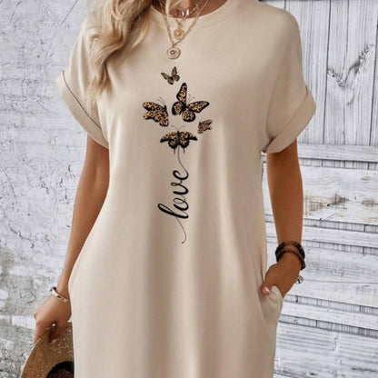 💖 Sukienka casualowa z okrągłym dekoltem i haftowanymi motylami