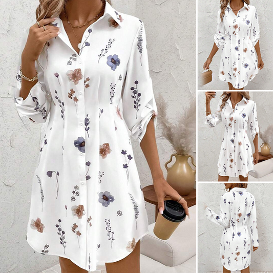 【S-XL】🌸Elegancka sukienka koszulowa z długim rękawem i nadrukiem kwiatowym w kształcie litery A