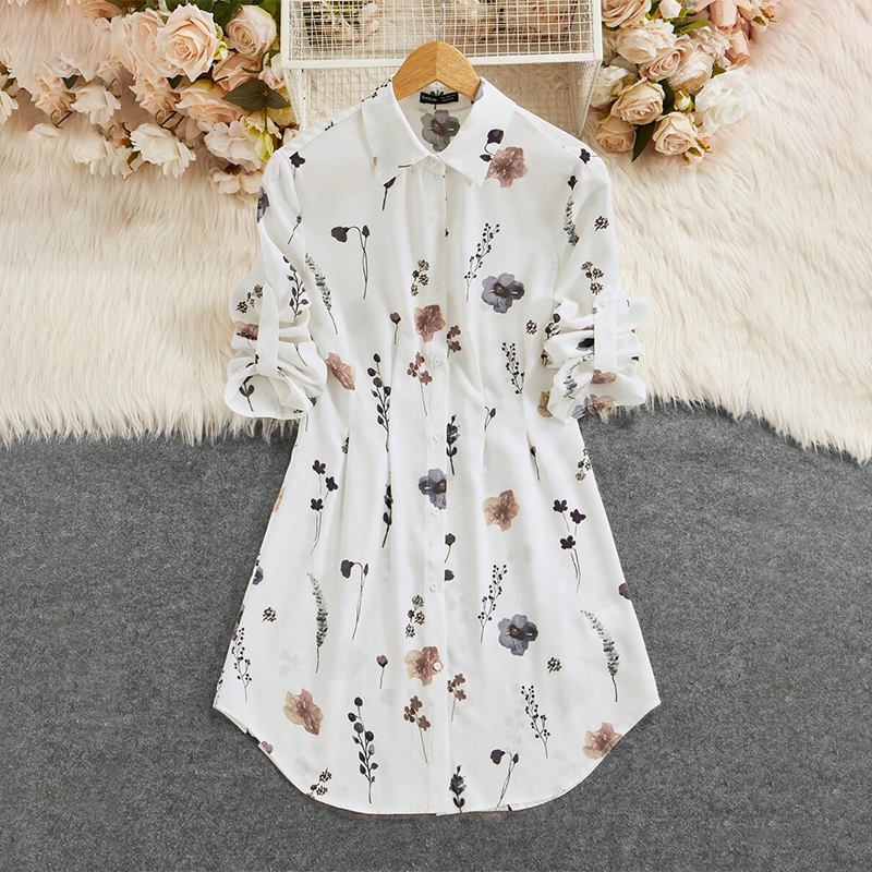 【S-XL】🌸Elegancka sukienka koszulowa z długim rękawem i nadrukiem kwiatowym w kształcie litery A