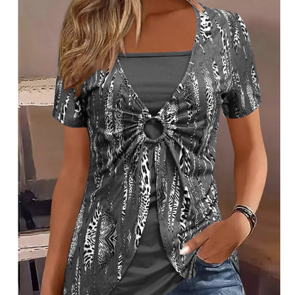 🔥Damska koszulka z krótkim rękawem Vintage Square Neck Leopard Print