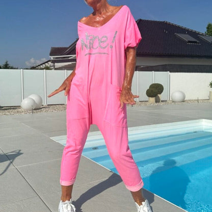 💖【S~5XL】Damski kombinezon z nadrukowanymi literami w dużych rozmiarach, swobodny, z kieszeniami