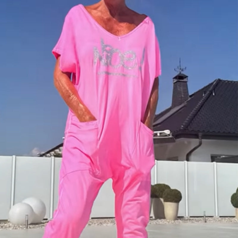 💖【S~5XL】Damski kombinezon z nadrukowanymi literami w dużych rozmiarach, swobodny, z kieszeniami