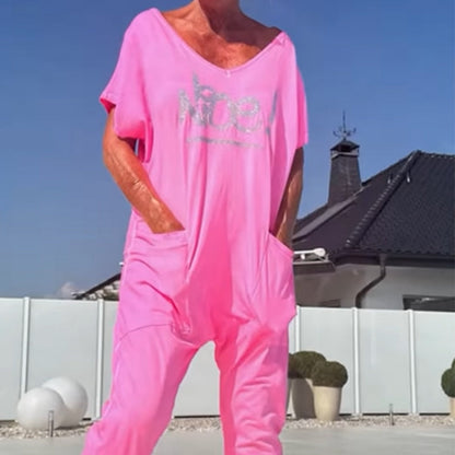 💖【S~5XL】Damski kombinezon z nadrukowanymi literami w dużych rozmiarach, swobodny, z kieszeniami