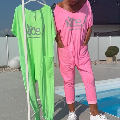💖【S~5XL】Damski kombinezon z nadrukowanymi literami w dużych rozmiarach, swobodny, z kieszeniami