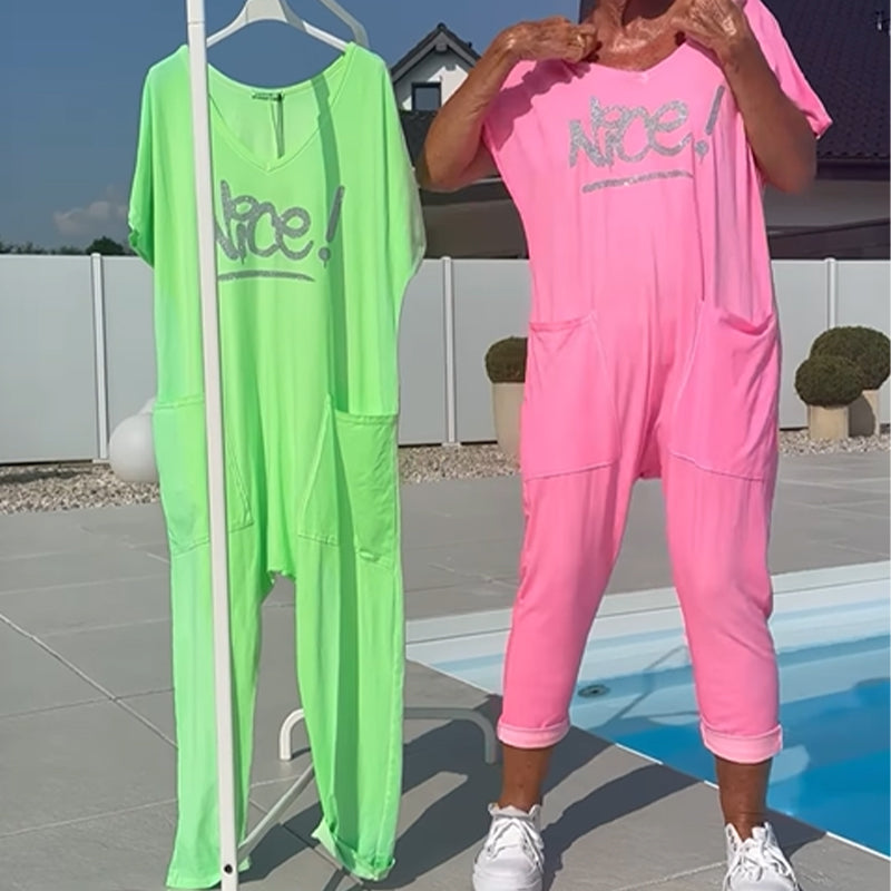 💖【S~5XL】Damski kombinezon z nadrukowanymi literami w dużych rozmiarach, swobodny, z kieszeniami