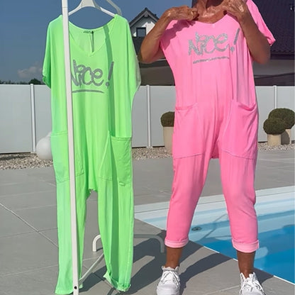 💖【S~5XL】Damski kombinezon z nadrukowanymi literami w dużych rozmiarach, swobodny, z kieszeniami
