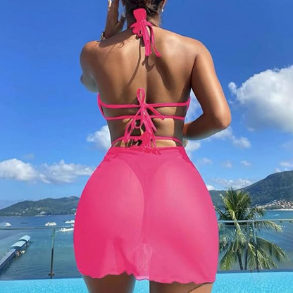 ✨Naszyjnik z krzyżem i koroną👑👙Komplet bikini bez ramiączek w jednolitym kolorze, 3 częściowy