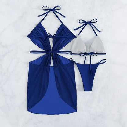 ✨Naszyjnik z krzyżem i koroną👑👙Komplet bikini bez ramiączek w jednolitym kolorze, 3 częściowy