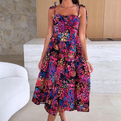 👗Elegancka damska sukienka na cienkich ramiączkach z kwiatowym nadrukiem