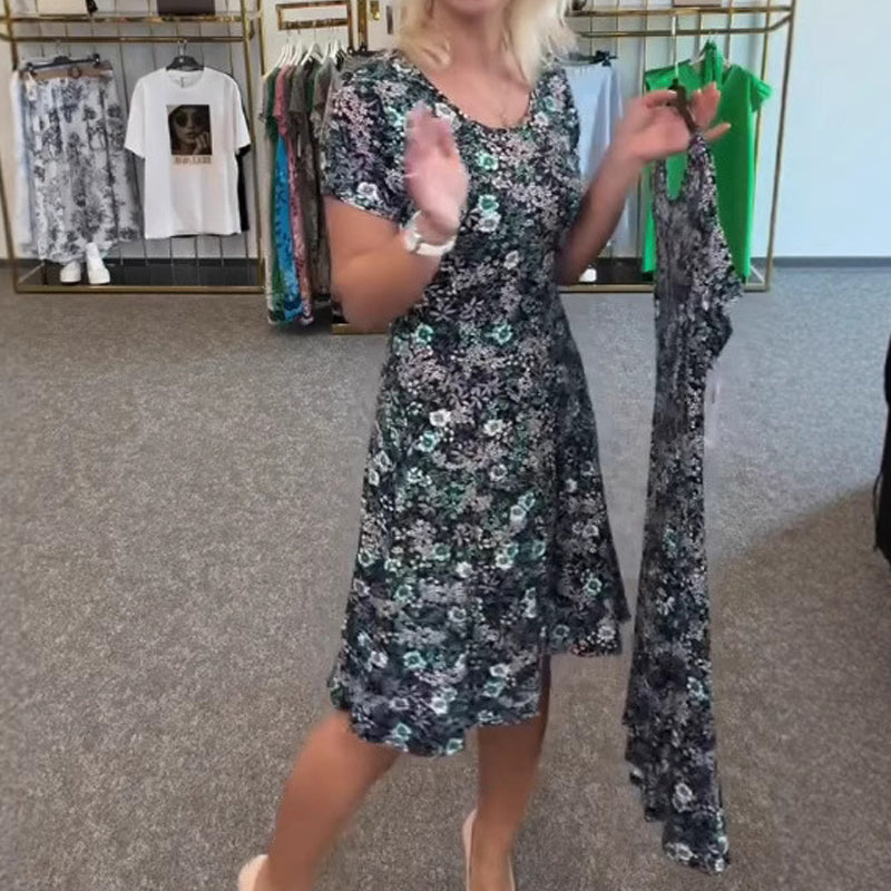 Damska sukienka casualowa z kwiatowym nadrukiem na szyi