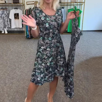 Damska sukienka casualowa z kwiatowym nadrukiem na szyi