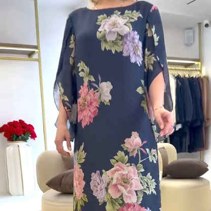 Elegancka długa sukienka damska z nadrukiem na szyi