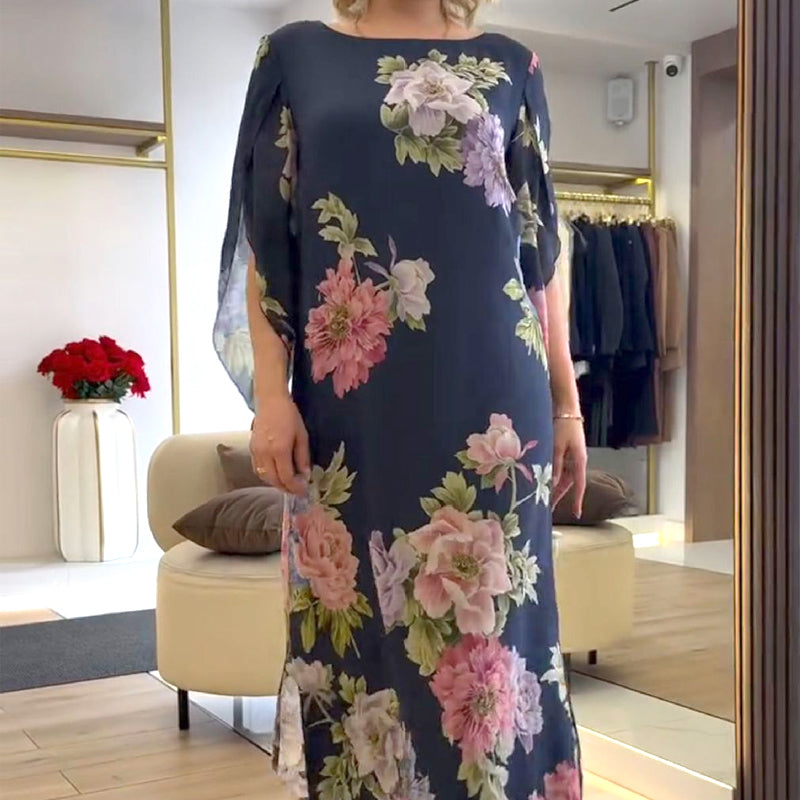 Elegancka długa sukienka damska z nadrukiem na szyi