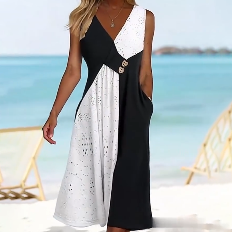 👗 Elegancka sukienka damska z dekoltem w kształcie serca i nowoczesnym patchworkiem