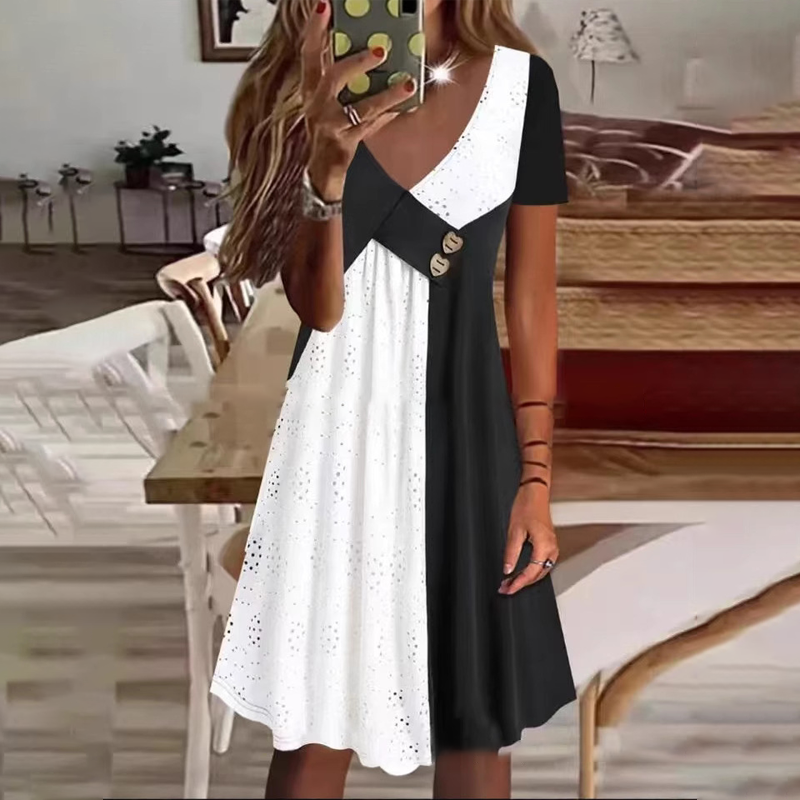 👗 Elegancka sukienka damska z dekoltem w kształcie serca i nowoczesnym patchworkiem