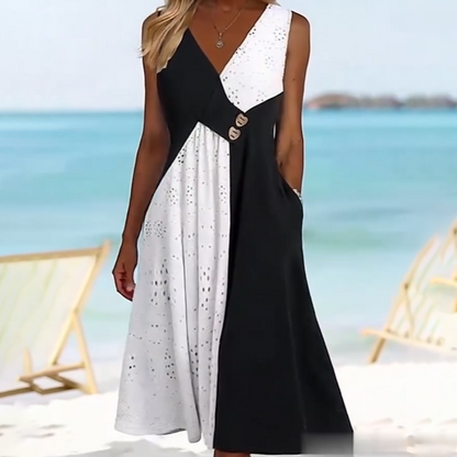 👗 Elegancka sukienka damska z dekoltem w kształcie serca i nowoczesnym patchworkiem