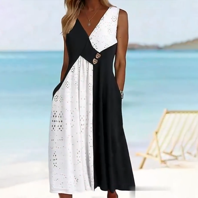 👗 Elegancka sukienka damska z dekoltem w kształcie serca i nowoczesnym patchworkiem