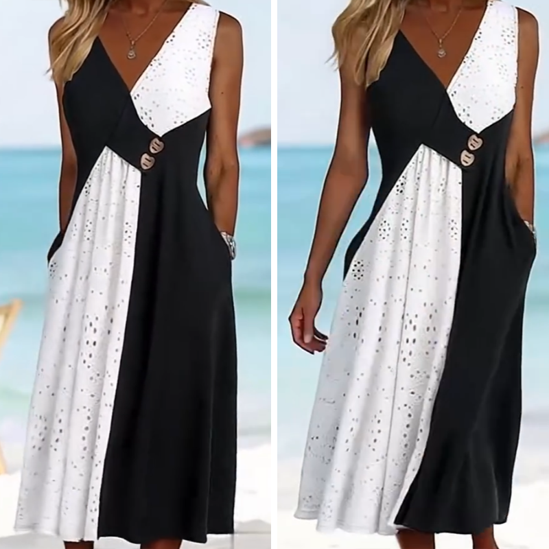 👗 Elegancka sukienka damska z dekoltem w kształcie serca i nowoczesnym patchworkiem