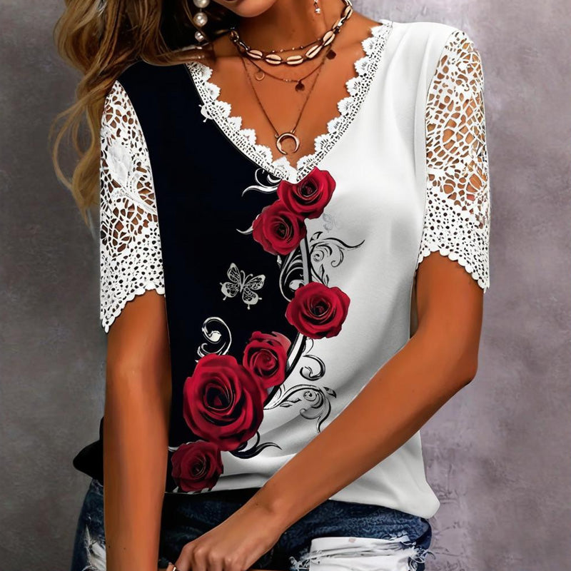 Koronka z nadrukiem i krótkimi rękawami