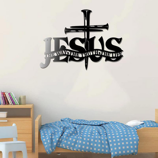 Metalowa dekoracja ścienna z krzyżem Jezus Prawda