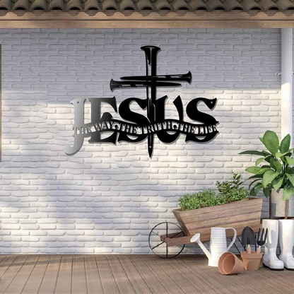 Metalowa dekoracja ścienna z krzyżem Jezus Prawda