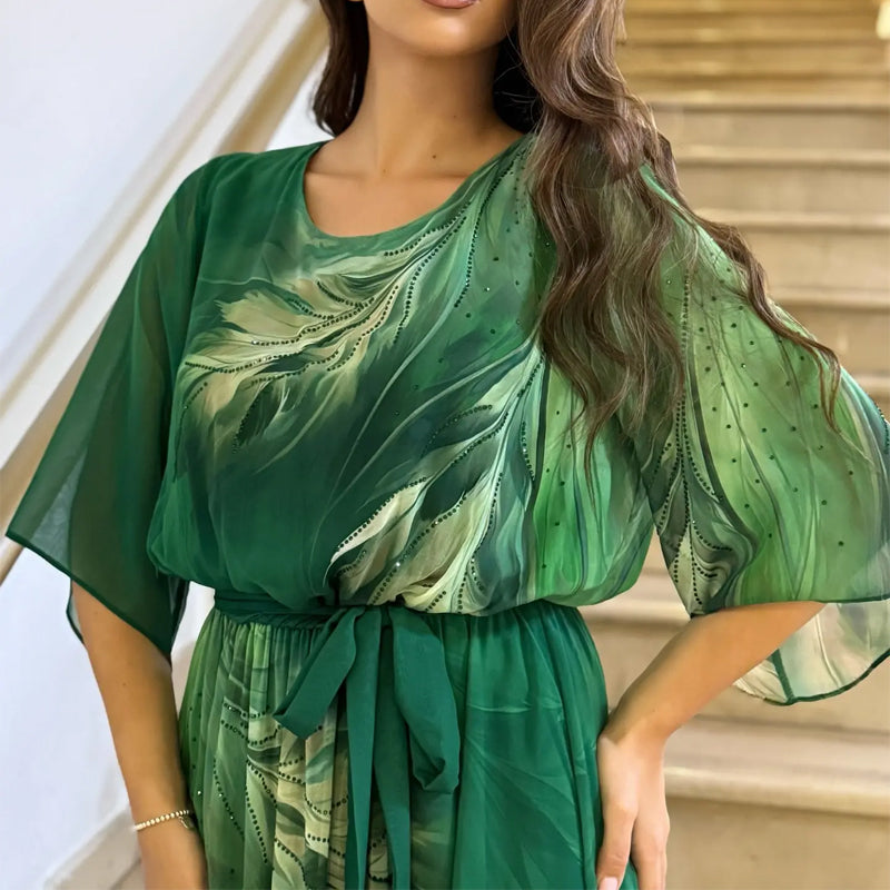 Sukienka maxi z okrągłym dekoltem i nadrukiem, z paskiem