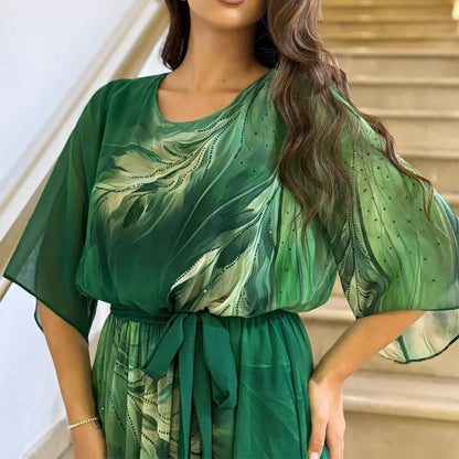 Sukienka maxi z okrągłym dekoltem i nadrukiem, z paskiem