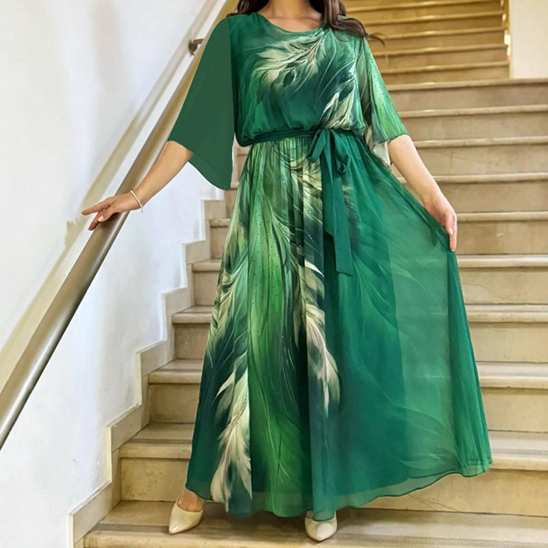 Sukienka maxi z okrągłym dekoltem i nadrukiem, z paskiem