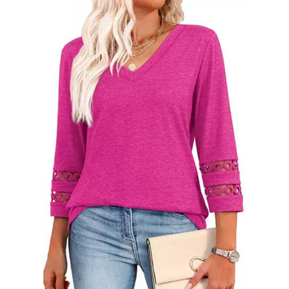 🌺[S-3XL]👚✨ Klasyczny top w jednolitym kolorze z dekoltem w serek i rękawami 3/4
