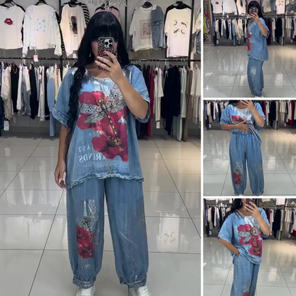 Komplet damski z nadrukiem, top i spodnie