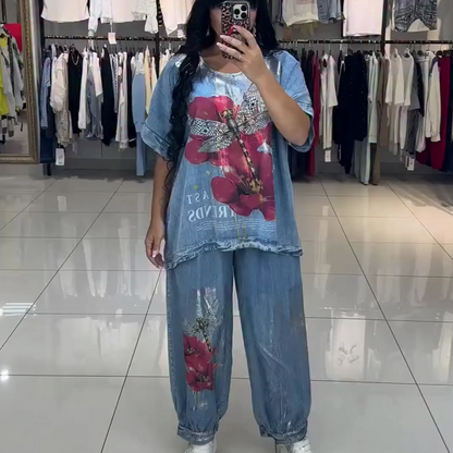 Komplet damski z nadrukiem, top i spodnie