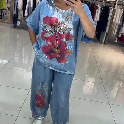 Komplet damski z nadrukiem, top i spodnie