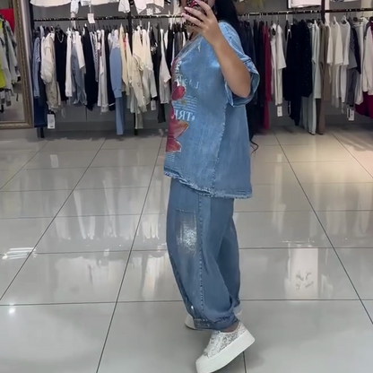 Komplet damski z nadrukiem, top i spodnie