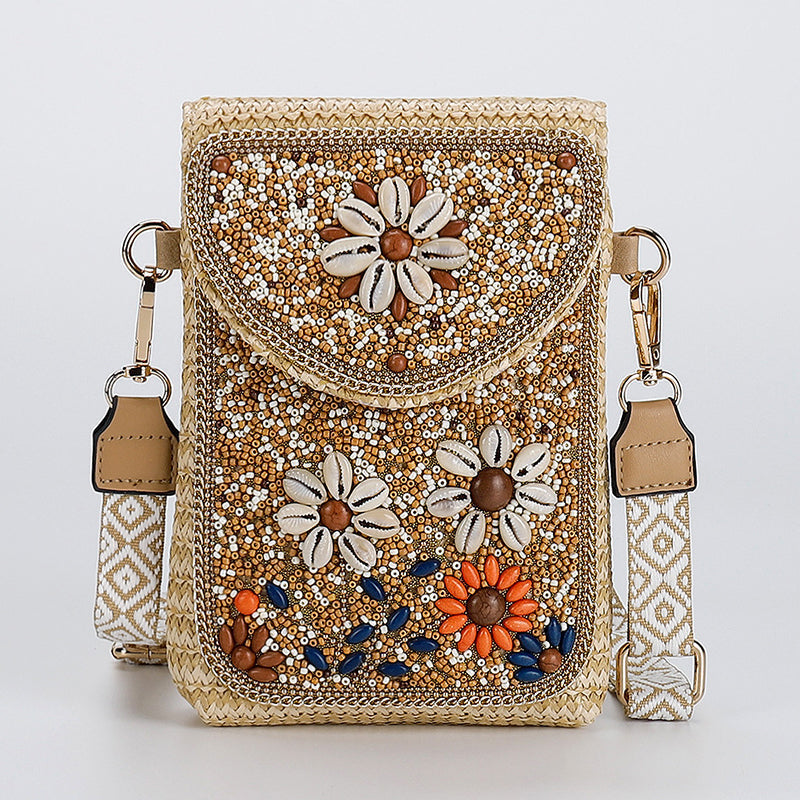 Boho Chic Mała Słomiana Torebka z Koralikami