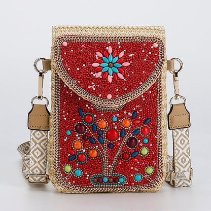 Boho Chic Mała Słomiana Torebka z Koralikami