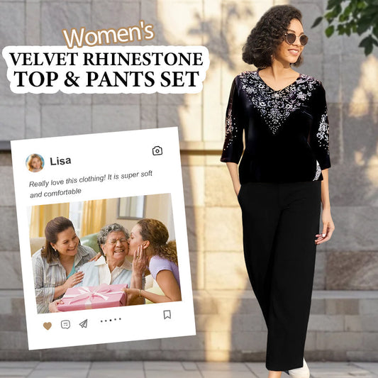 💞Komplet damski z aksamitu: top i spodnie z kryształkami