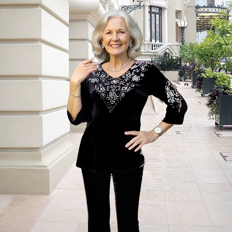 💞Komplet damski z aksamitu: top i spodnie z kryształkami