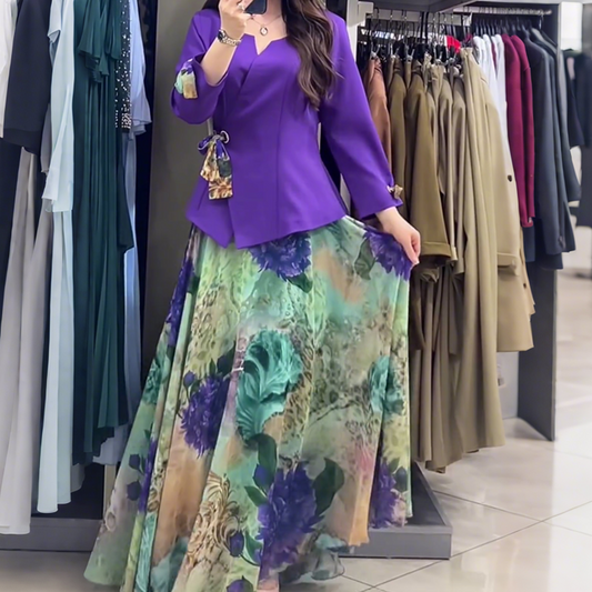 💜Elegancki top i spódnica z motywem kwiatowym, dwuczęściowy komplet