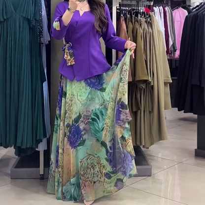 💜Elegancki top i spódnica z motywem kwiatowym, dwuczęściowy komplet