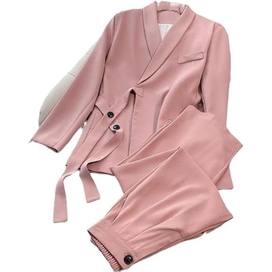 Dwuczęściowy komplet damski - marynarka z wiązaniem z przodu i spodnie z szerokimi nogawkami